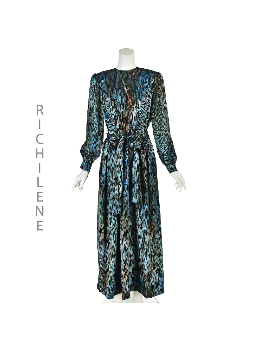 RICHILENE Circa 1986 Iridescent Silk Devoré Velvet Evening Dress with Sash, SZ10